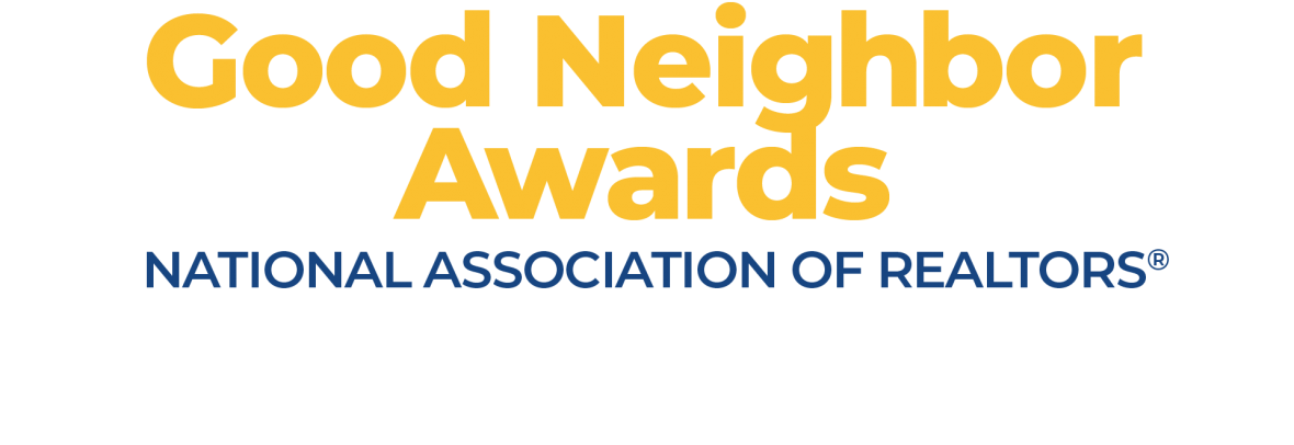 NAR Good Neighbor Awards logo, white house on gold background with blue stick people around it