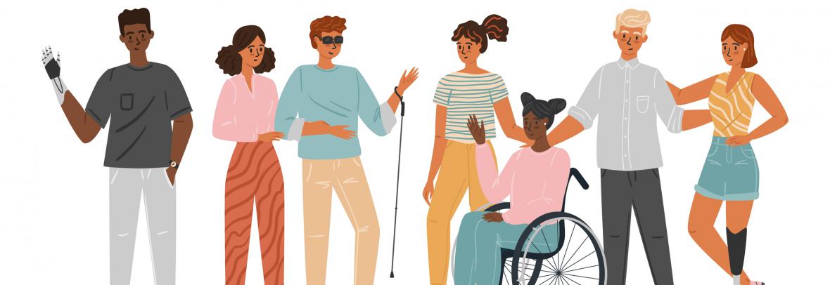 Seven people of different races and disabilities