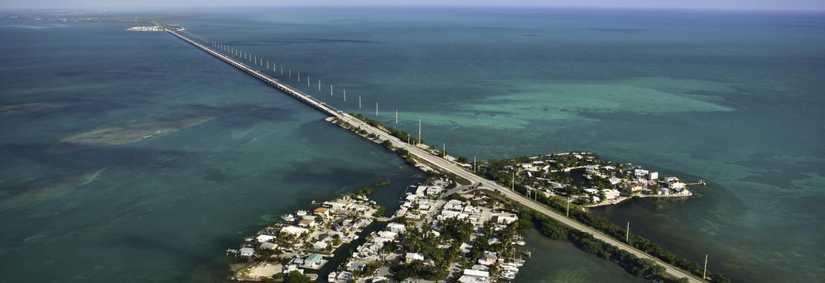 Aerial view of 7-mile bridge crossing a small Florida Key