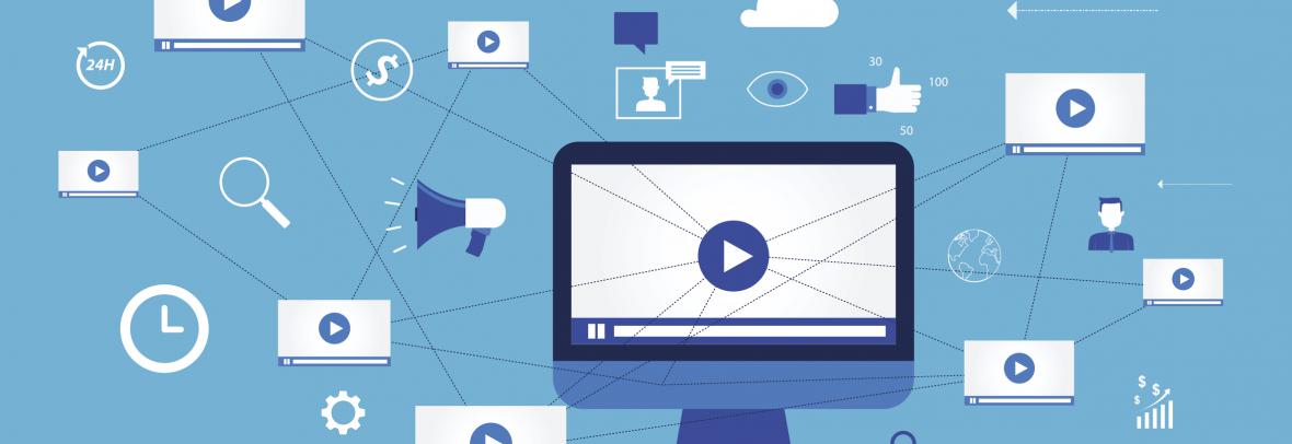 Illustration of computer screen with video arrow and other icons