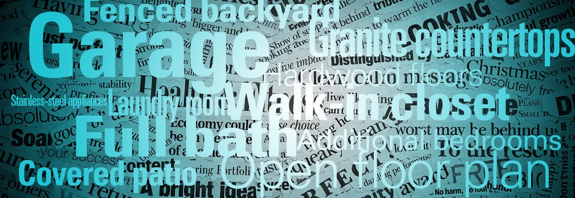 Duotone photo of a background made of words