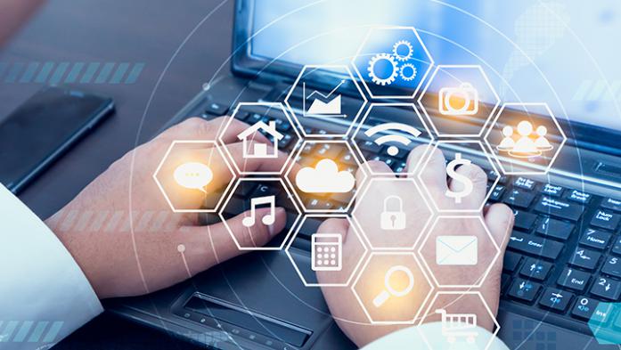 Photo illustration on hands on a keyboard and icons for websites