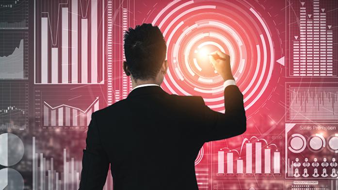 digital illustrations of a business man looking at data points 