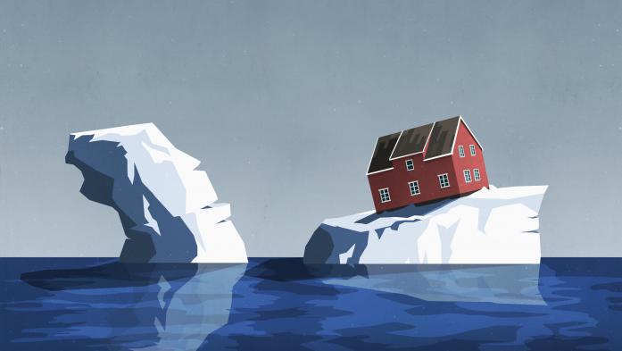 Graphic with a home precariously sitting on an iceberg