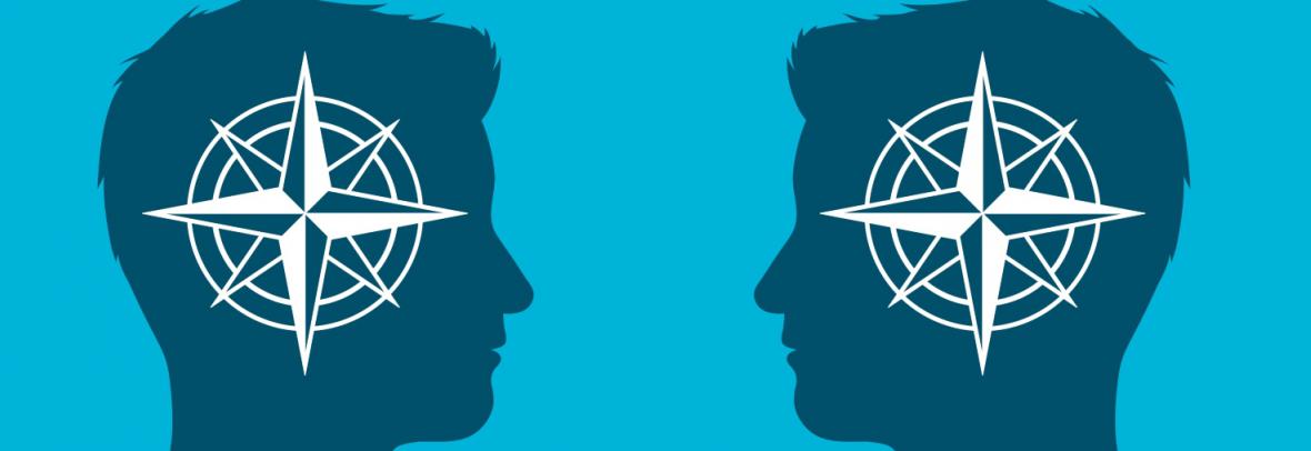 illustration of two heads with moral compass inside them