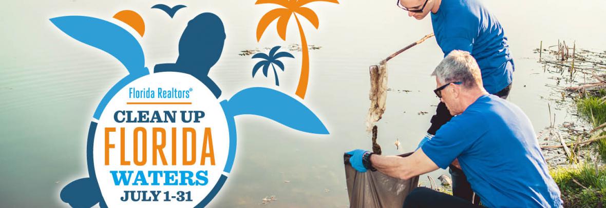 Clean Up Florida Waters logo with two people cleaning trash from waterway