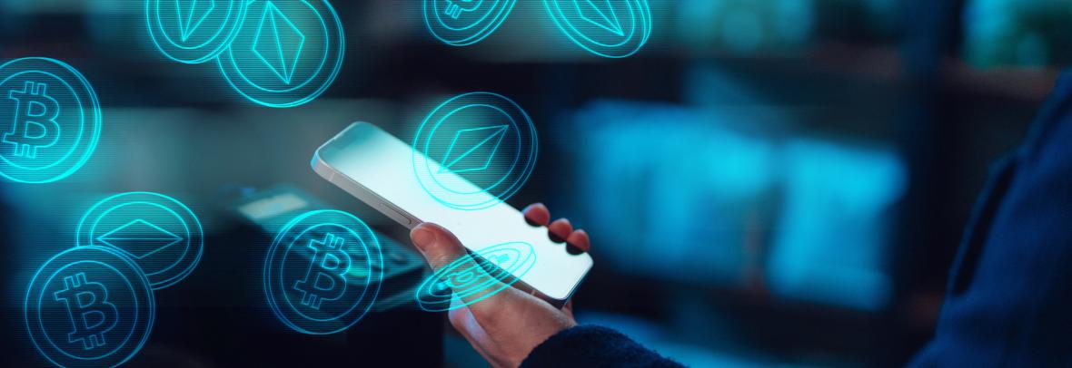 Mockup image for businesswoman using smartphone for financial planning and investment. Smartphone with Bitcoin, Blockchain, cryptocurrency concept.