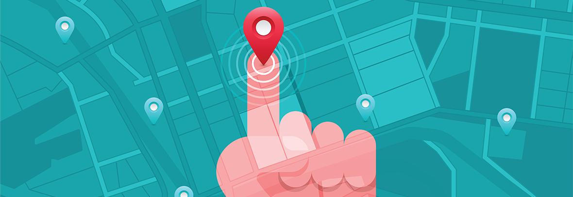 Illustration of a hand pointing at a point on a digital map