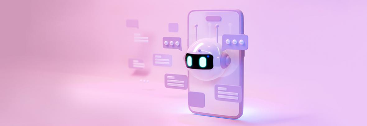 digital illustration of bot inside a phone with dialogue bubbles floating around it