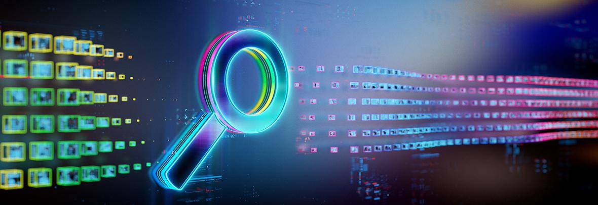 digital illustration of a magnifying glass with digital files floating by