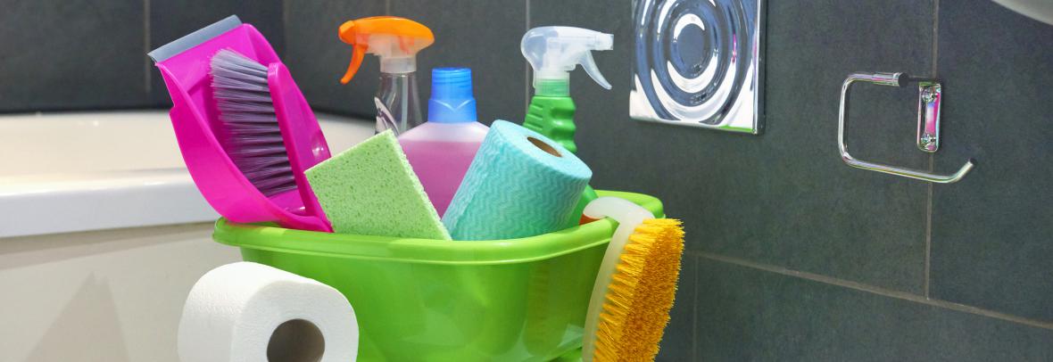 Cleaning products in a bathroom