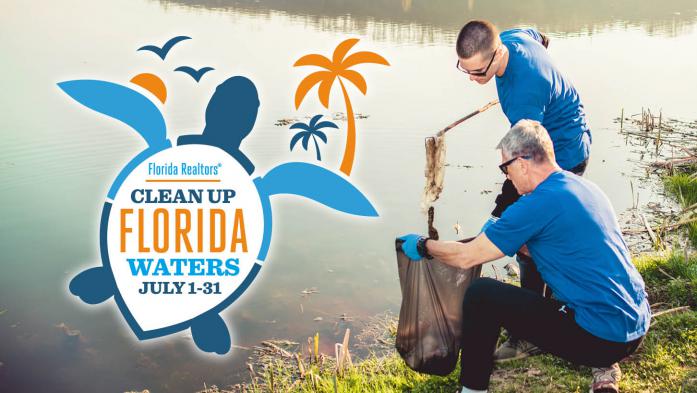 Clean Up Florida Waters logo with two people cleaning trash from waterway