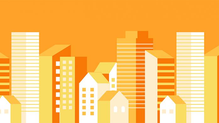 illustration of cityscape in orange and yellow with sunshine overhead