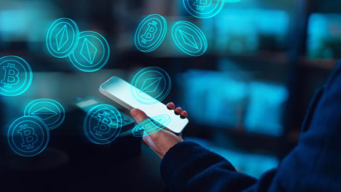 Mockup image for businesswoman using smartphone for financial planning and investment. Smartphone with Bitcoin, Blockchain, cryptocurrency concept.