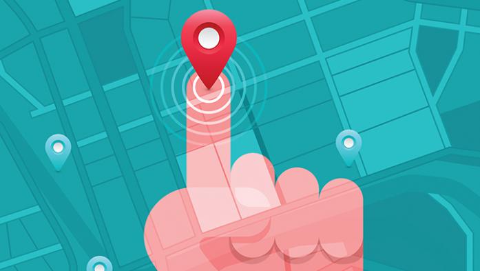 Illustration of a hand pointing at a point on a digital map