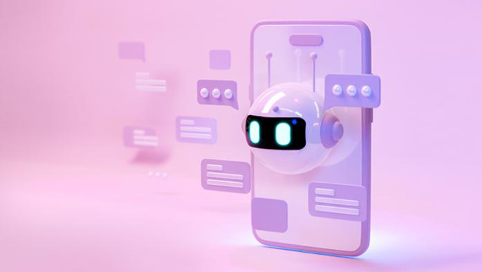 digital illustration of bot inside a phone with dialogue bubbles floating around it