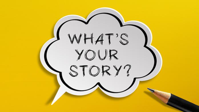 digital illustration with thought bubble saying "what's your story"